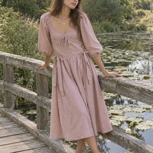 In The Beginning Dresses & Skirts - Gingham Milkmaid Smocked Maxi Dress Large Pink Cottagecore Romantic Prairie Boho